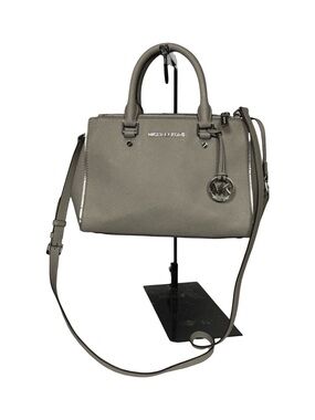 MICHAEL KORS Sutton Medium Saffiano Leather Satchel Gray Handbag Crossbody Charm